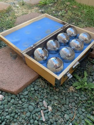 Vintage Set 6 Heavy Chromed Balls Petanque (Bocce) Wood Box Pier 1 2