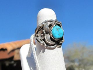Vintage Sterling Silver & Turquoise Flower/leaf Decor Ring,  Navajo Sz 4.  5