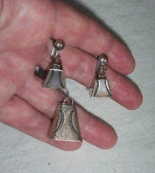 Vintage Jewelry Silver Bell Pendant & Earrings Southwest Design