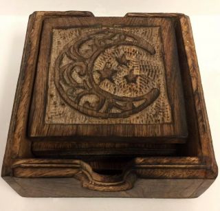 Vintage Set Of Five Wood Moon Stars Hand Carved Square Coasters Caddy Celestial