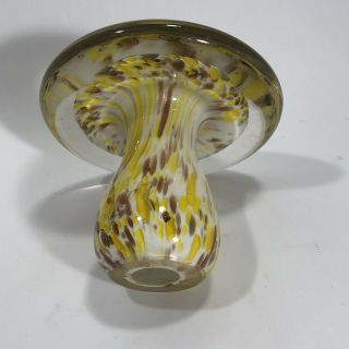 Vintage Mid Century MURANO Art Glass Mushroom Yellow White Brown & Gold Dust 5” 5
