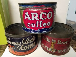 Vintage 1940 Thomas J Webb,  Arco & 1922 - 32 Hills Bros.  Coffee 1 Lb Tins