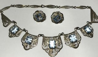 Vtg Sterling Silver Aqua Blue Cut Glass Pierced Filigree Necklace Earring Set