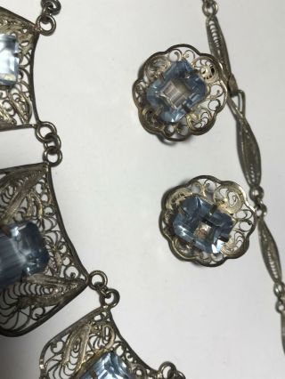 VTG Sterling Silver Aqua Blue Cut Glass Pierced Filigree Necklace Earring Set 2