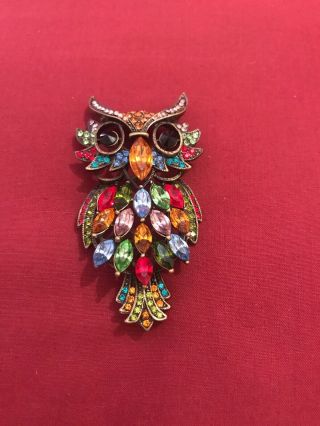 Butler & Wilson Owl Brooch With Multi - Coloured Crystals Vintage