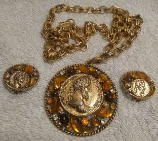 Vintage Large Roman Gold Coin Pendant & Earring Set W/ Stones By Art