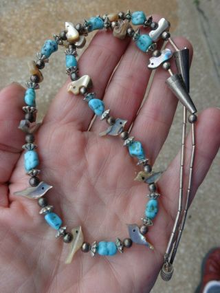 Vintage Navajo Native American Turquoise Beads Abalone Bird Fetish Necklace