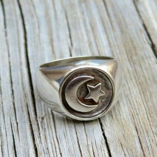 Vintage Signed Taxco 925 Sterling Silver Crescent Moon & Star Signet Ring