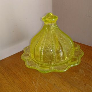 Vintage Yellow Vaseline Glass Covered Butter Cheese Dish Holly Pattern
