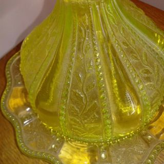VINTAGE YELLOW VASELINE GLASS COVERED BUTTER CHEESE DISH HOLLY PATTERN 2
