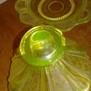 VINTAGE YELLOW VASELINE GLASS COVERED BUTTER CHEESE DISH HOLLY PATTERN 4
