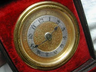 TRAVEL CLOCK - VERY OLD VINTAGE CLOCK IN ORIG BLACK TRAVEL BOX WIND UP and RUNS 3