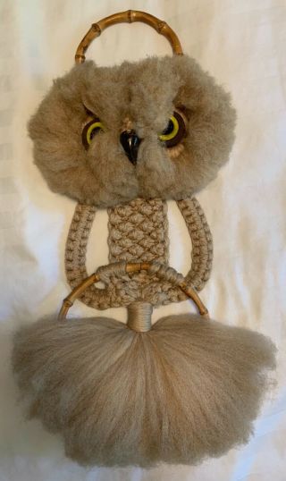 Vintage Hand Made Macrame Fluffy Owl Towel Ring Wall Hanging 26 " Long Tan/beige
