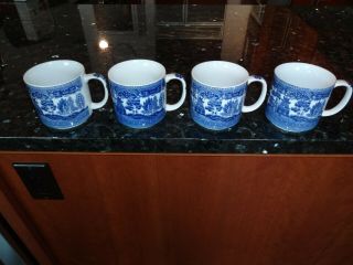 4 Vintage Blue Willow Coffee Mugs 10 Oz No Damage