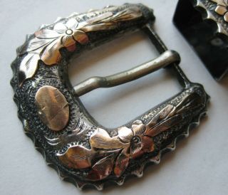 Vintage Old Guadalajara Mexican Sterling Silver 10k Gold Ranger Belt Buckle 2