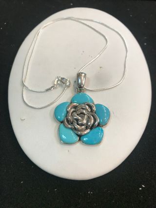 Vintage Elegant Sterling Silver And Turquoise Flower Pendant Signed Sx
