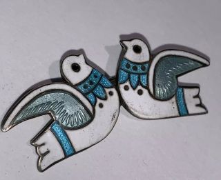 Vintage Margot De Taxco Sterling Silver Enamel Birds Brooch - Signed -