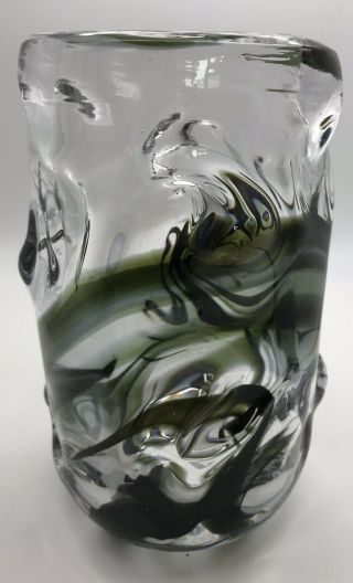 Vintage Heavy Studio Glass Knobbly Vase Art Glass 1970s Green and clear Swirls 2