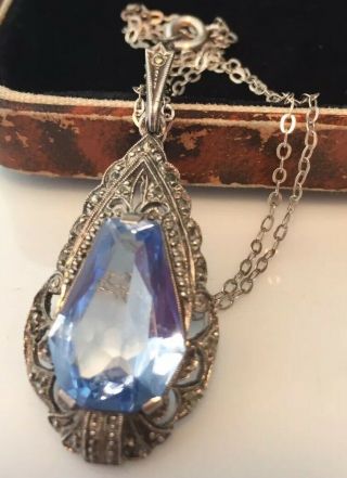 Vintage Art Deco Jewellery Sterling Silver Faceted Sapphire Pendant Necklace