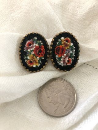 Vintage Micro Mosaic Millefiori Floral Screw Back Earrings Black Red Estate