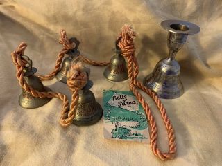 Vintage Sarna Bells (4) Etched Brass On Rope And Sarna Type Bell Candleholder