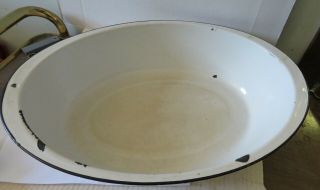 Vintage Large White Enamelware Oval Wash Basin Black Rim 12 X 17
