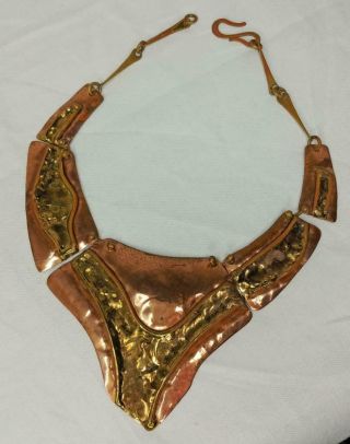 Brutalist Vintage Artist Signed Copper Brass Statement Necklace Collar