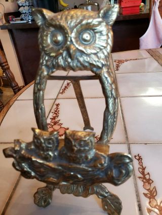 Vintage Brass Owl Book Holder / Easel W/babies Recipe Holder Shelf