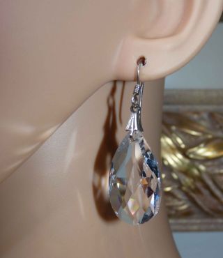Vintage Sterling Silver Large Faceted Teardrop Crystal Drop Earrings.