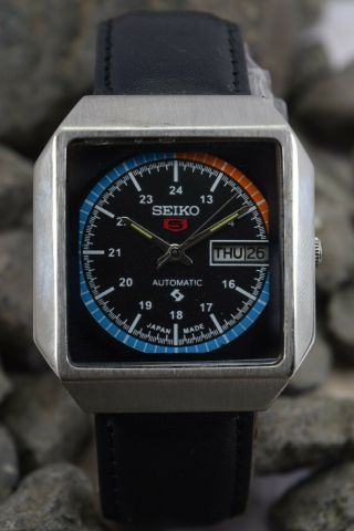 Vintage Seiko 6349 Automatic Wrist Watch.  Black Dial.  Ss Case Square
