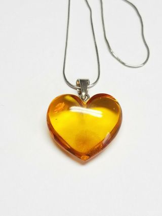 Vintage 925 Sterling Silver Necklace With Heart Shape Amber Pendant 18 " Chain
