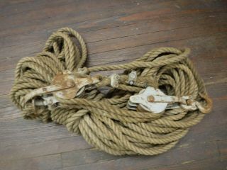 Vintage Block And Tackle With Natural Fiber Rope - Approx 175 Foot - 3/4 Inch Thick