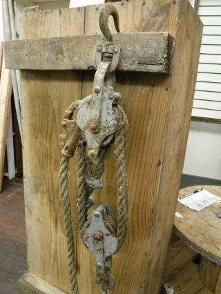 Vintage Block and Tackle with Natural Fiber Rope - Approx 175 Foot - 3/4 Inch Thick 2