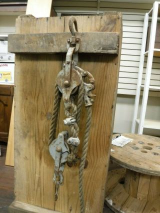 Vintage Block and Tackle with Natural Fiber Rope - Approx 175 Foot - 3/4 Inch Thick 3