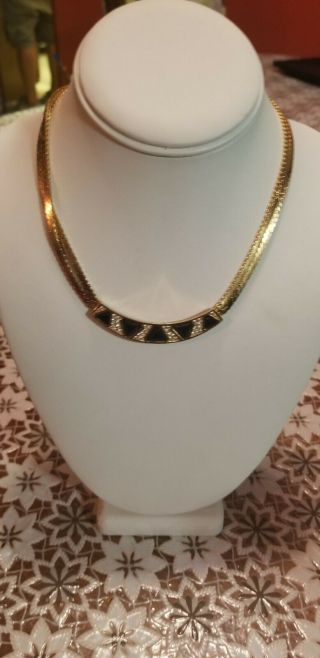 Vintage Christian Dior Rhinestones Black Enamel & Gold Tone Necklace