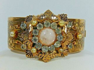 Vtg Victorian Scrolled Gt Rose Cabochon Faux Seed Pearl Wide Coro Bracelet