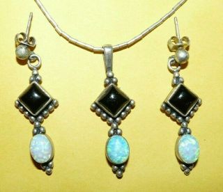Vtg Southwestern Sterling Silver Black Onyx Opal Necklace Earrings Set Signed