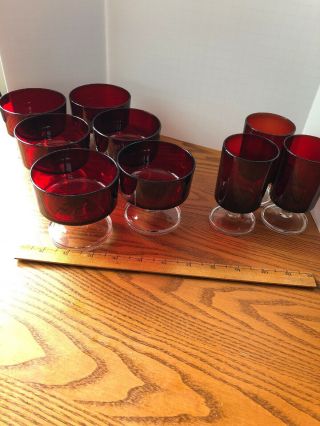 Luminarc Arcoroc 9 Vintage Ruby Red With Clear Stem Sherbet/dessert Cups Goblets