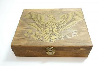 Vintage Old Dove Tailed Wooden Box With Large Gold Eagle Decal On The Front
