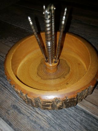 Vintage Wooden Nut Bowl Tree Rings Bark Nut Cracker And 4 Picks