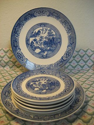 Vintage Blue Willow 2 Dinner Plate 9 3/4 " & 5 Dessert Plate 7 1/4 " Unmarked