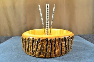 Vintage Wooden Tree Log Bark Nut Bowl Dish With Nutcracker & Picks Mid Century