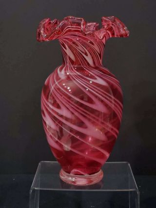 Vintage Cranberry Ruffled Opalescent Swirl Glass Vase,  9 1/4 " Tall