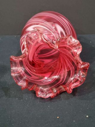 VINTAGE CRANBERRY RUFFLED OPALESCENT SWIRL GLASS VASE,  9 1/4 