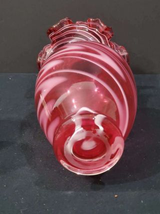 VINTAGE CRANBERRY RUFFLED OPALESCENT SWIRL GLASS VASE,  9 1/4 