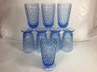 8 Vtg Indiana Glass Whitehall Colony Cubist Periwinkle Blue Footed Tumblers 6 "