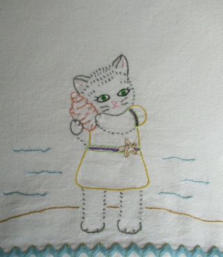 Vintage Style Beach Kitty Cat With Seashell Towel Hand Embroidered