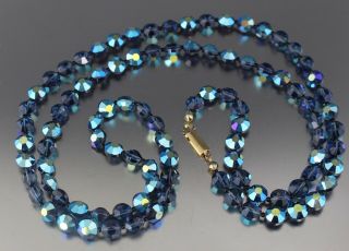 Vintage 50’s Blue Ab Aurora Borealis Crystal Glass Bead Long Necklace