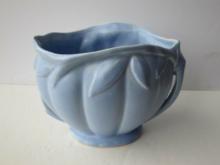 Vtg Nelson Mccoy Blue Vetical Lines & Leaves Decorated Art Pottery Vase