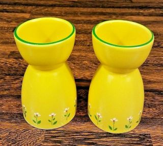 Pair Vintage 1985 Teleflora Ceramic Egg Cups Hand Decorated Yellow Flowers